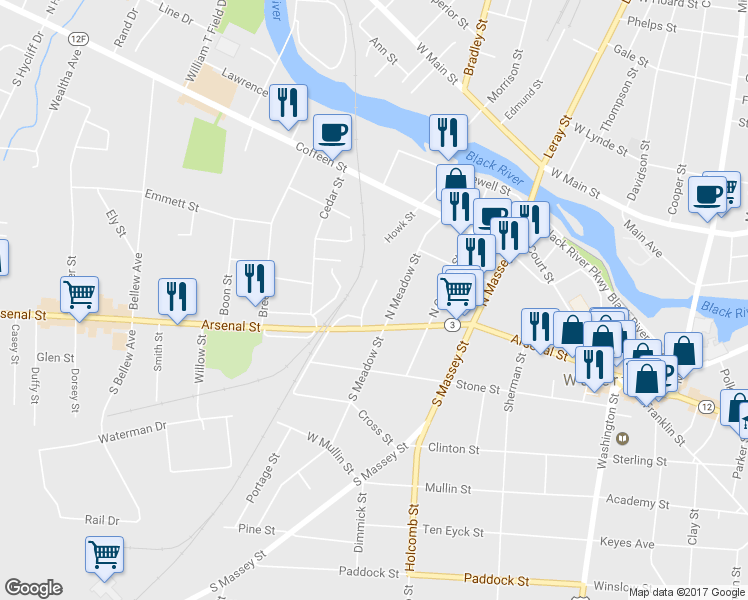 map of restaurants, bars, coffee shops, grocery stores, and more near 128 Scio Street in Watertown
