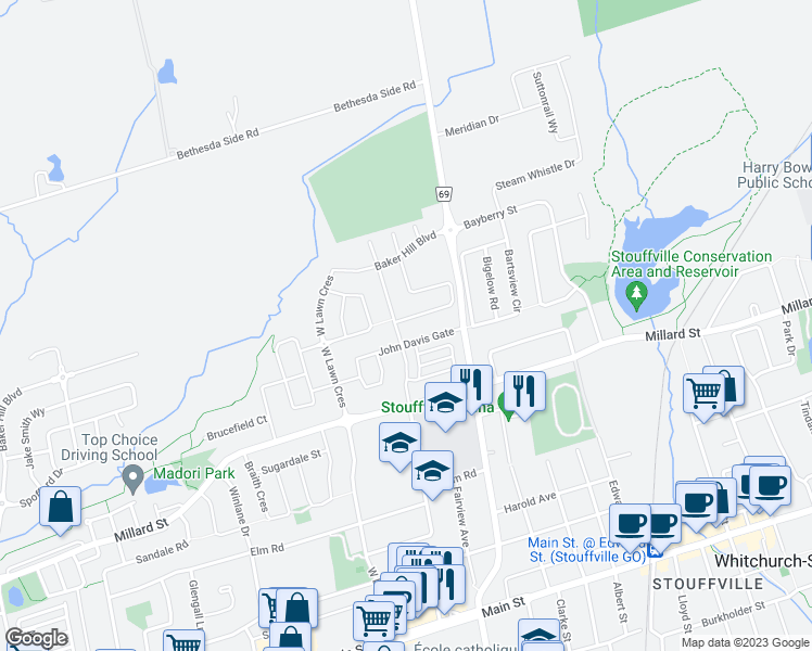 map of restaurants, bars, coffee shops, grocery stores, and more near 6 Kellington Trail in Whitchurch-Stouffville