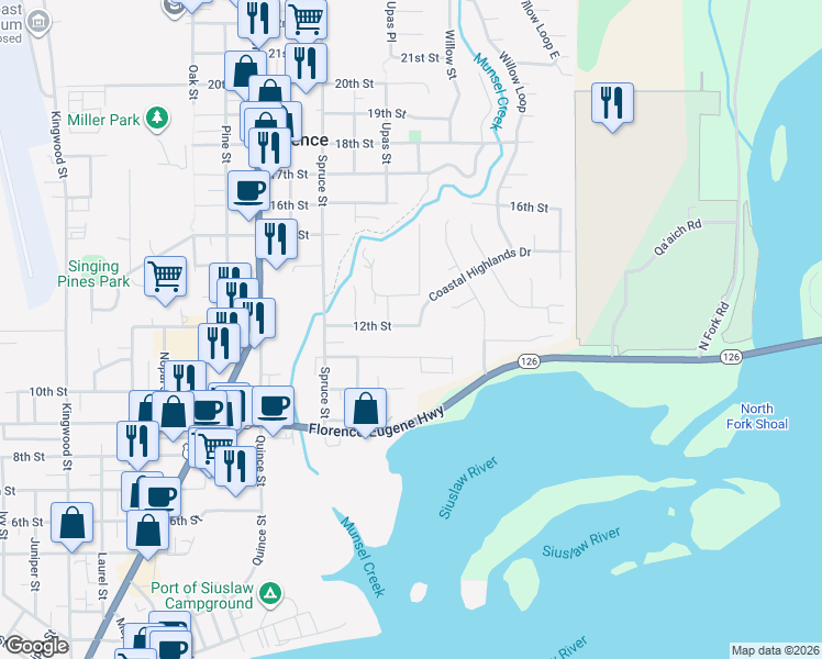 map of restaurants, bars, coffee shops, grocery stores, and more near 2282 12th Street in Florence