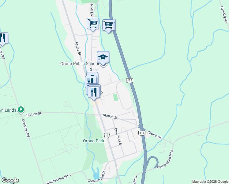 map of restaurants, bars, coffee shops, grocery stores, and more near 38 Park Street in Clarington
