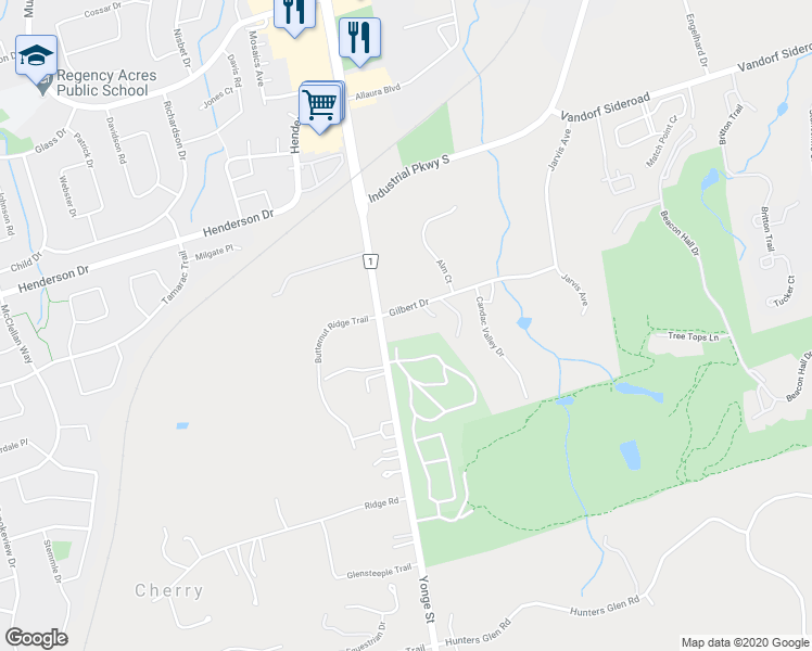 map of restaurants, bars, coffee shops, grocery stores, and more near 1 Gilbert Drive in Aurora