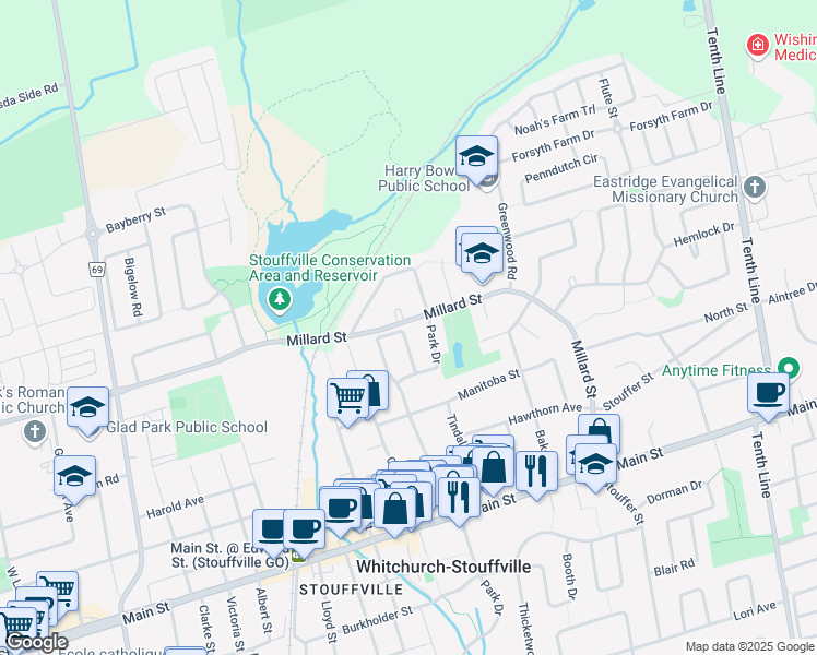map of restaurants, bars, coffee shops, grocery stores, and more near 45 Fairgate Crescent in Whitchurch-Stouffville