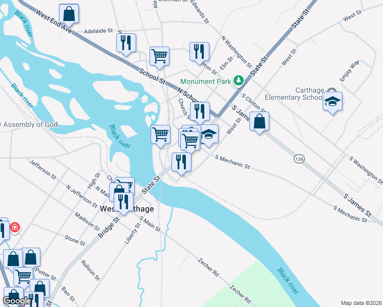 map of restaurants, bars, coffee shops, grocery stores, and more near 266 State Street in Carthage