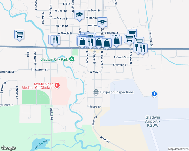 map of restaurants, bars, coffee shops, grocery stores, and more near 445 South Antler Street in Gladwin