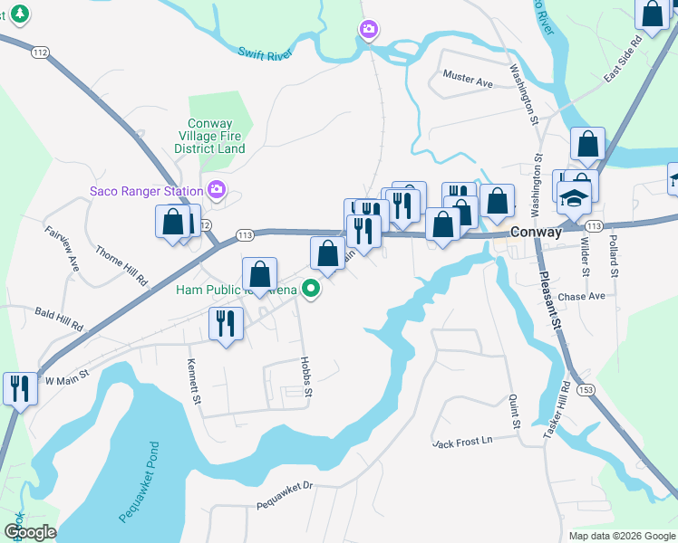 map of restaurants, bars, coffee shops, grocery stores, and more near 63 West Main Street in Conway