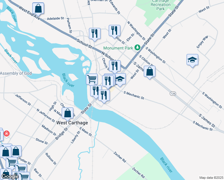 map of restaurants, bars, coffee shops, grocery stores, and more near 120 South Mechanic Street in Carthage