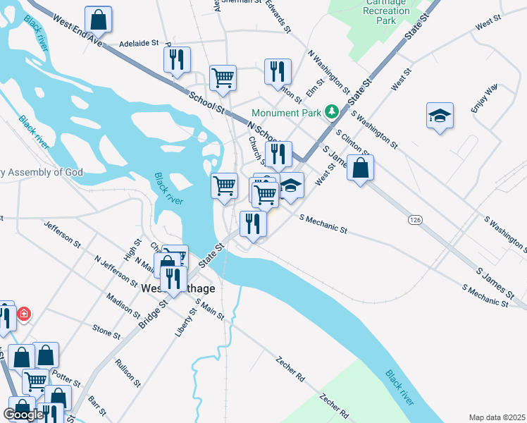 map of restaurants, bars, coffee shops, grocery stores, and more near 246 State Street in Carthage