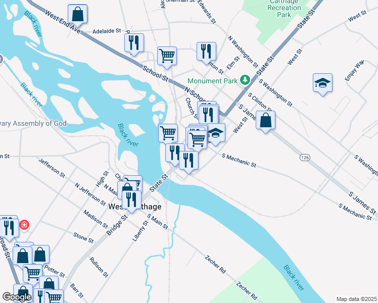 map of restaurants, bars, coffee shops, grocery stores, and more near 246 State Street in Carthage