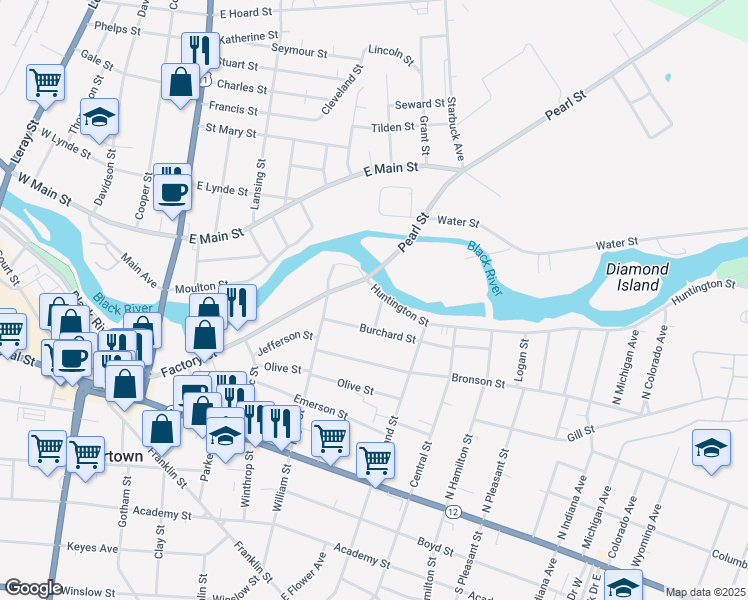 map of restaurants, bars, coffee shops, grocery stores, and more near 341 Lee Street in Watertown