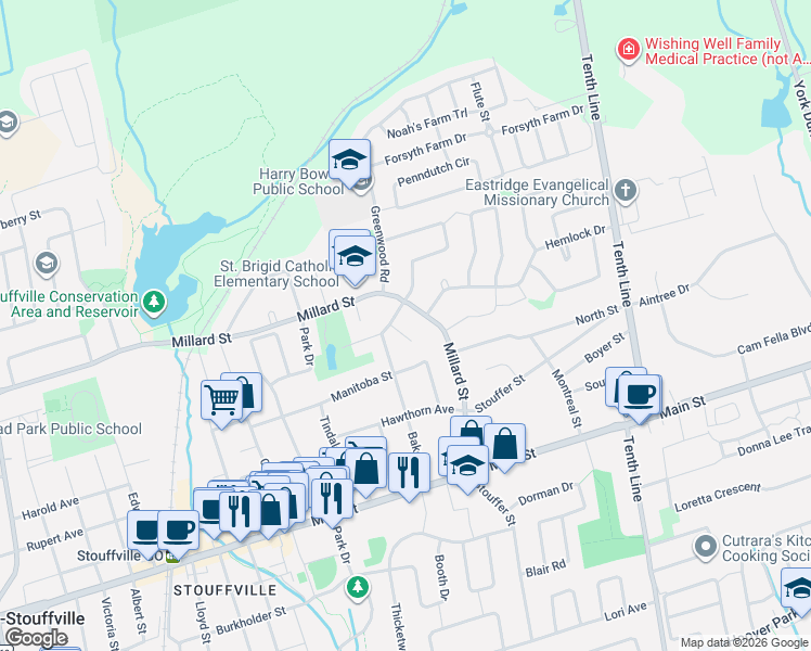 map of restaurants, bars, coffee shops, grocery stores, and more near 16 Chessman Court in Whitchurch-Stouffville