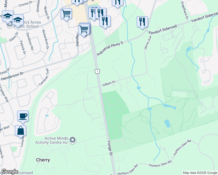 map of restaurants, bars, coffee shops, grocery stores, and more near 1 Gilbert Drive in Aurora