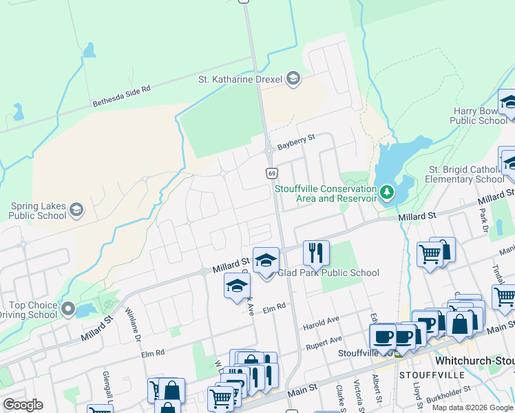 map of restaurants, bars, coffee shops, grocery stores, and more near 38 Kellington Trail in Whitchurch-Stouffville