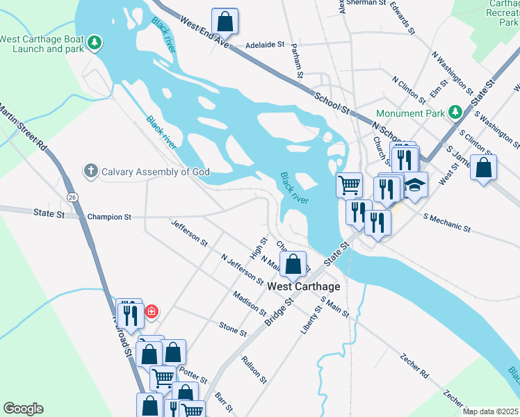 map of restaurants, bars, coffee shops, grocery stores, and more near 25 Champion Street in Carthage