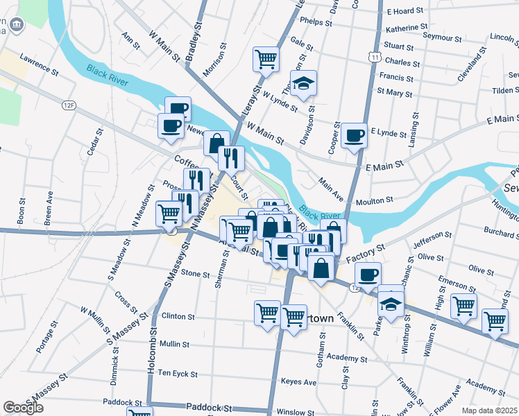 map of restaurants, bars, coffee shops, grocery stores, and more near 210 Court Street in Watertown