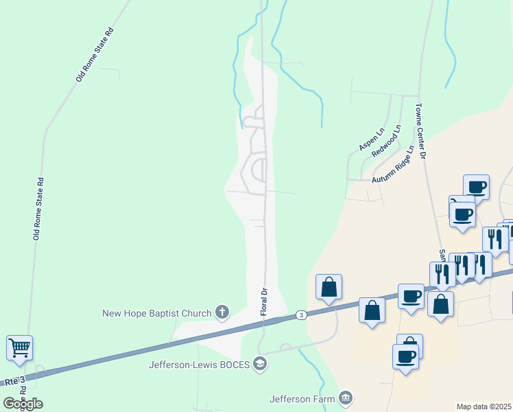 map of restaurants, bars, coffee shops, grocery stores, and more near 21423 Floral Drive in Watertown
