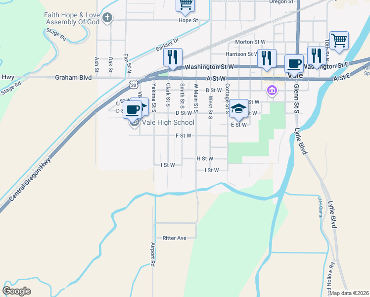 map of restaurants, bars, coffee shops, grocery stores, and more near 770 H Street West in Vale