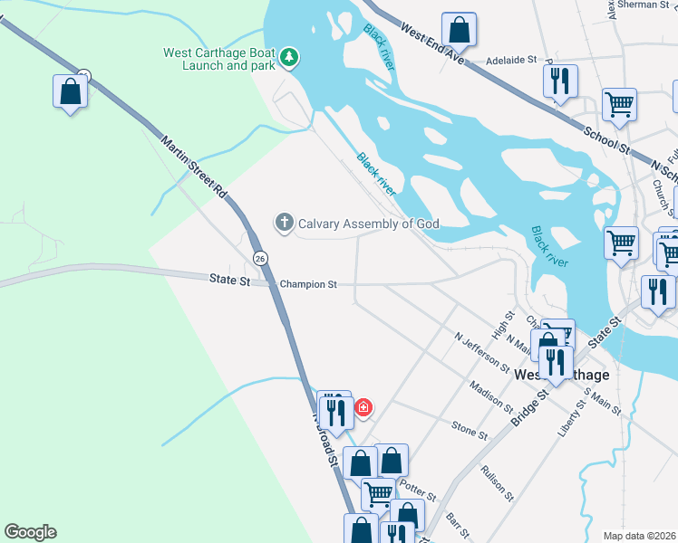 map of restaurants, bars, coffee shops, grocery stores, and more near 81 Champion Street in Carthage