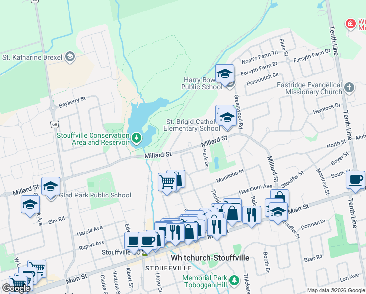map of restaurants, bars, coffee shops, grocery stores, and more near 351 Millard Street in Whitchurch-Stouffville