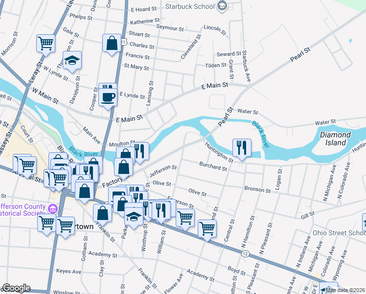 map of restaurants, bars, coffee shops, grocery stores, and more near 542 Factory Street in Watertown
