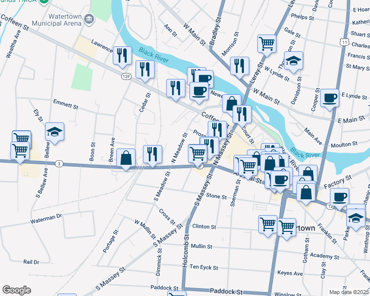 map of restaurants, bars, coffee shops, grocery stores, and more near 418 Arsenal Street in Watertown