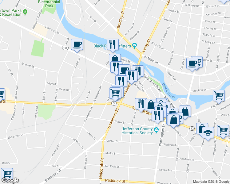 map of restaurants, bars, coffee shops, grocery stores, and more near 138 Orchard Street North in Watertown