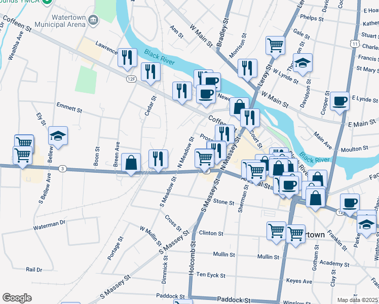 map of restaurants, bars, coffee shops, grocery stores, and more near 418 Arsenal Street in Watertown