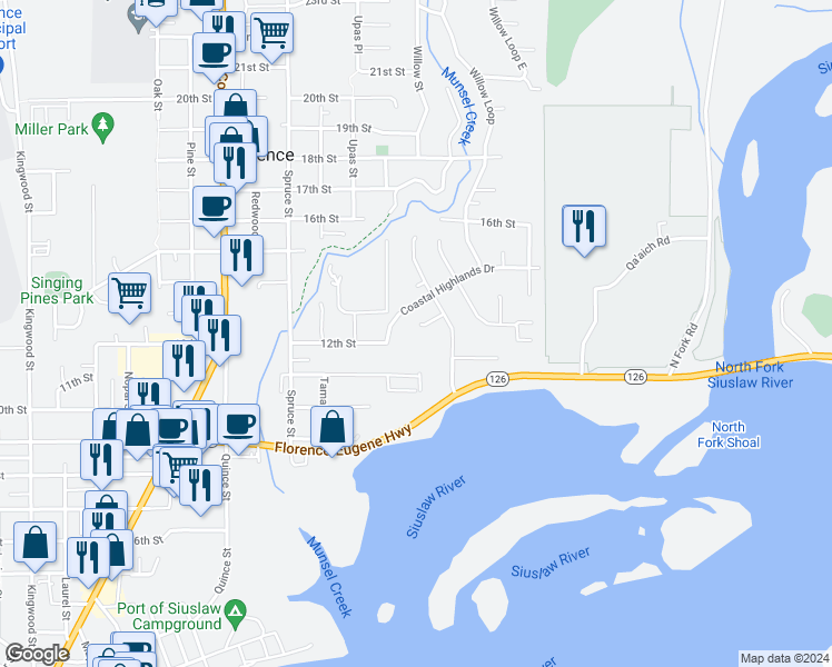 map of restaurants, bars, coffee shops, grocery stores, and more near 1220 Willow Court in Florence