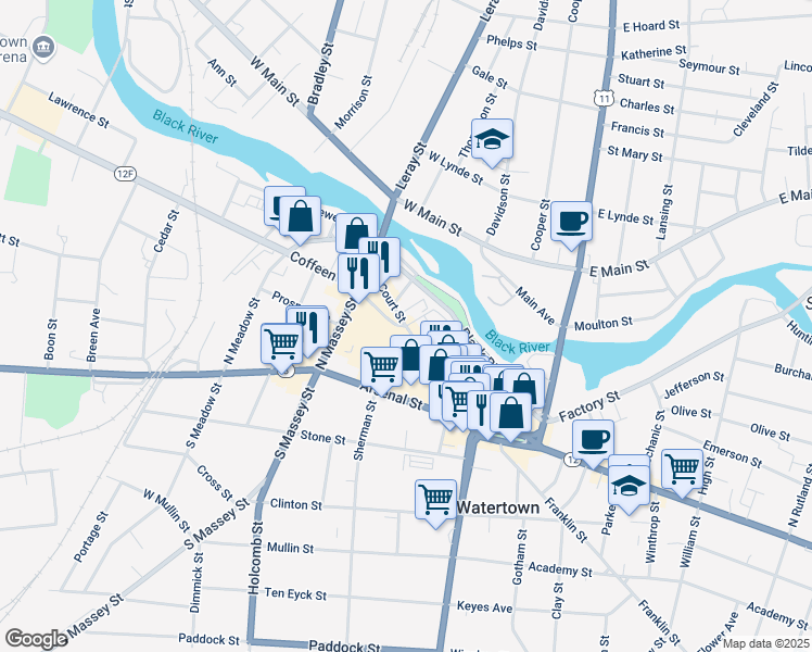 map of restaurants, bars, coffee shops, grocery stores, and more near 2 Coffeen Street in Watertown