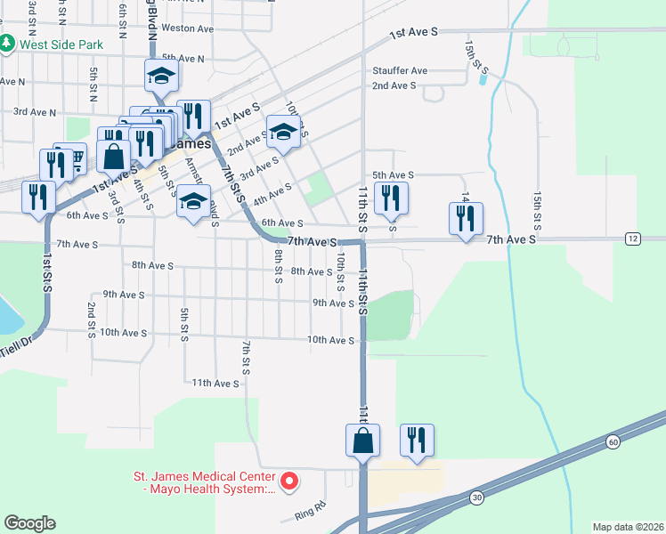 map of restaurants, bars, coffee shops, grocery stores, and more near 707 9th Street South in Saint James
