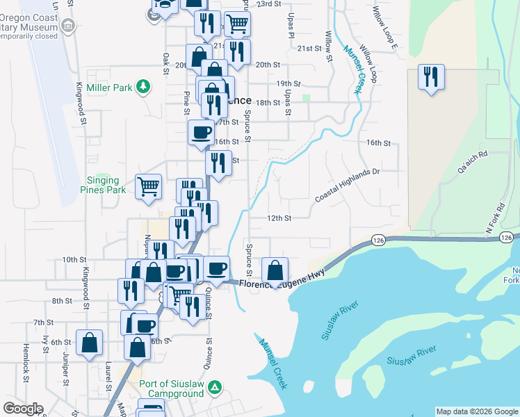 map of restaurants, bars, coffee shops, grocery stores, and more near 2099 12th Street in Florence