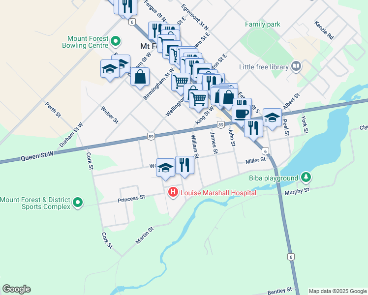 map of restaurants, bars, coffee shops, grocery stores, and more near 311 William Street in Mount Forest