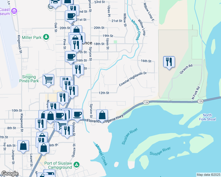 map of restaurants, bars, coffee shops, grocery stores, and more near 2199 13th Street in Florence