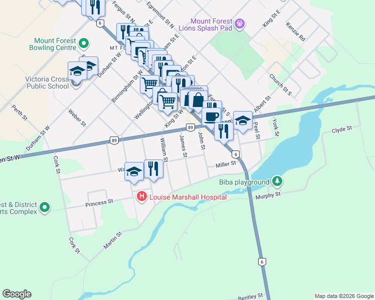 map of restaurants, bars, coffee shops, grocery stores, and more near 360 James Street in Wellington North