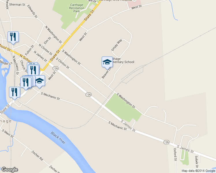 map of restaurants, bars, coffee shops, grocery stores, and more near 398 South Washington Street in Carthage