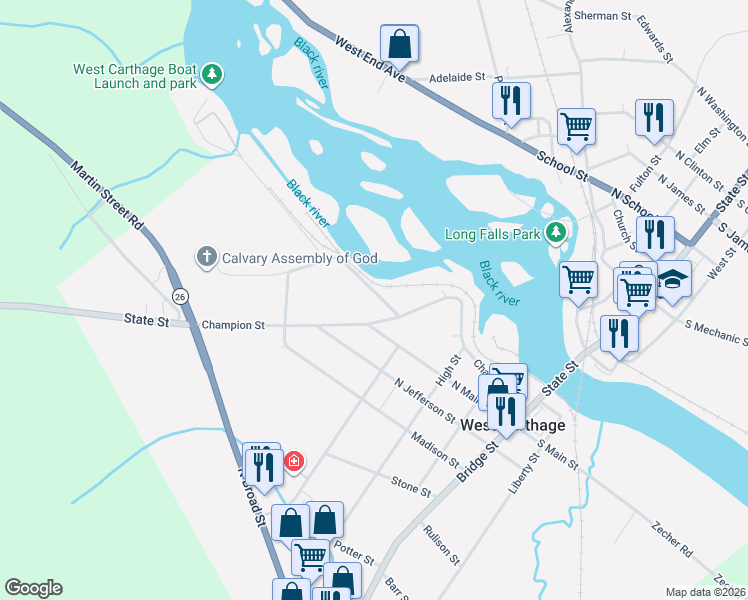 map of restaurants, bars, coffee shops, grocery stores, and more near 3 Lathrop Street in Carthage