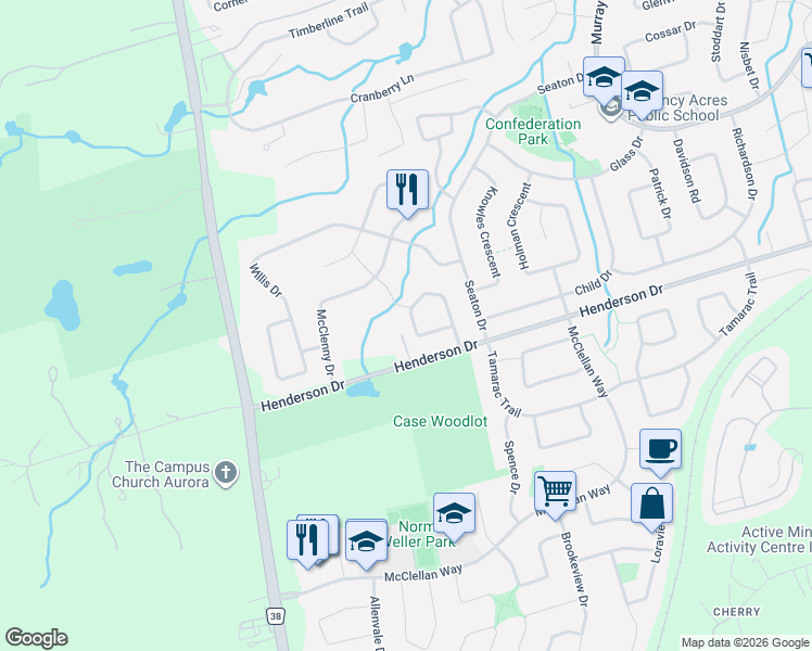 map of restaurants, bars, coffee shops, grocery stores, and more near 93 Watts Meadow in Aurora