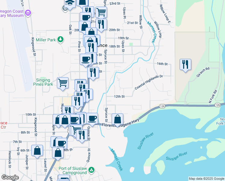 map of restaurants, bars, coffee shops, grocery stores, and more near 2021 12th Street in Florence