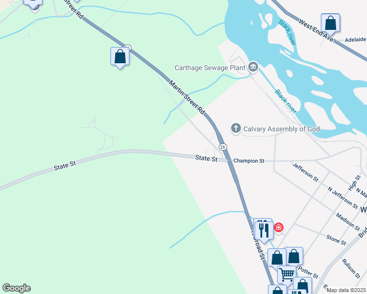map of restaurants, bars, coffee shops, grocery stores, and more near 258 Champion Street in Carthage
