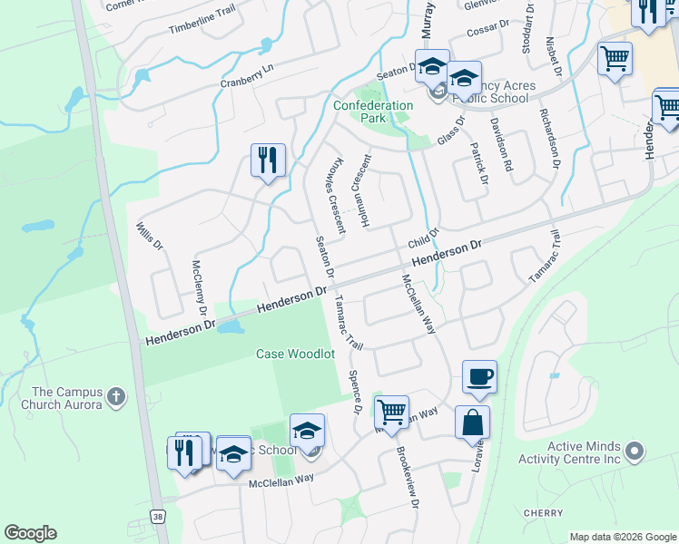 map of restaurants, bars, coffee shops, grocery stores, and more near 85 Child Drive in Aurora