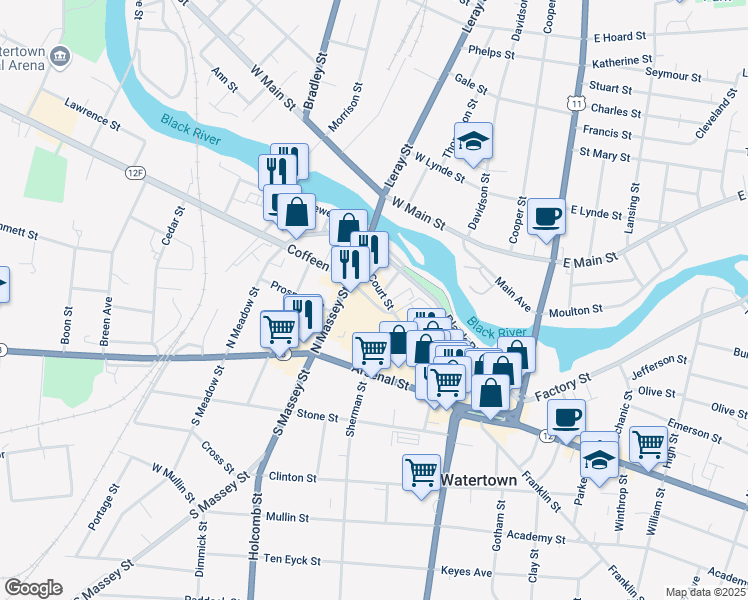 map of restaurants, bars, coffee shops, grocery stores, and more near 234 Coffeen Street in Watertown
