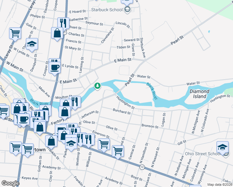 map of restaurants, bars, coffee shops, grocery stores, and more near 128 Pearl Street in Watertown