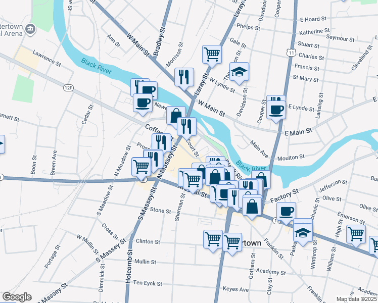 map of restaurants, bars, coffee shops, grocery stores, and more near 406 Court Street in Watertown