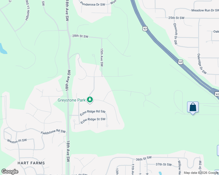 map of restaurants, bars, coffee shops, grocery stores, and more near 1303 Wicklow Lane Southwest in Rochester
