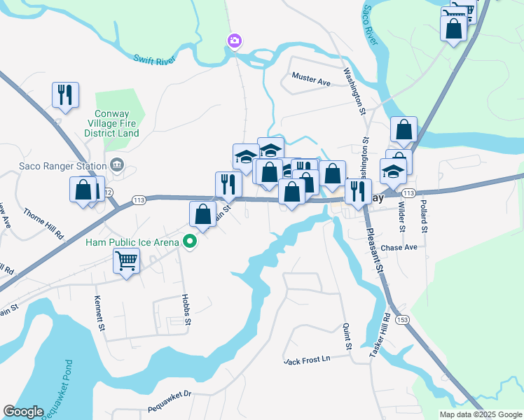 map of restaurants, bars, coffee shops, grocery stores, and more near 21 Lake Street in Conway