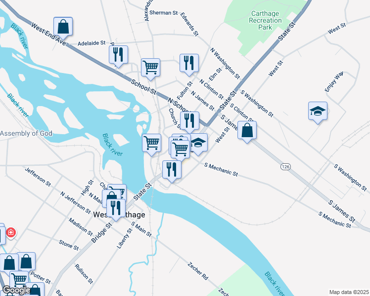 map of restaurants, bars, coffee shops, grocery stores, and more near in Carthage
