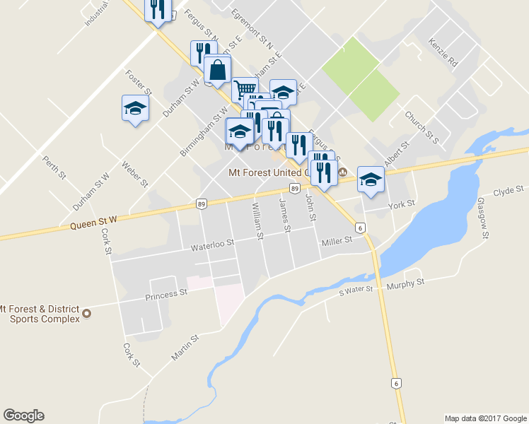 map of restaurants, bars, coffee shops, grocery stores, and more near 311 William Street in Mount Forest