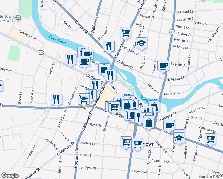 map of restaurants, bars, coffee shops, grocery stores, and more near 236 Coffeen Street in Watertown