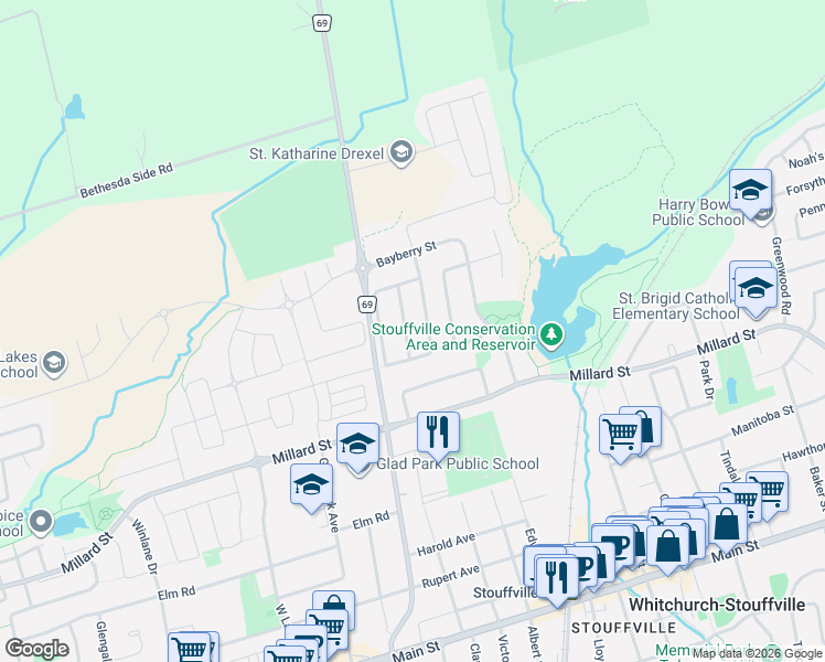 map of restaurants, bars, coffee shops, grocery stores, and more near 45 Bigelow Road in Whitchurch-Stouffville