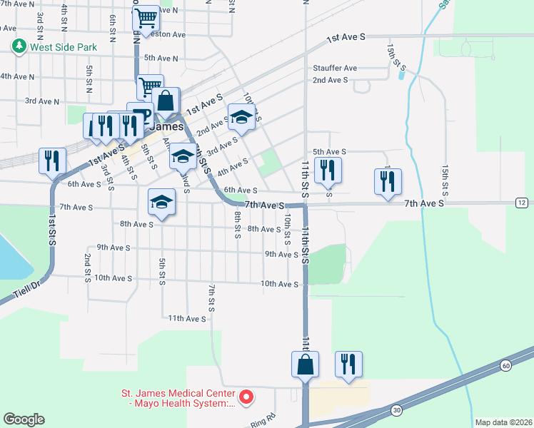 map of restaurants, bars, coffee shops, grocery stores, and more near 707 9th Street South in Saint James