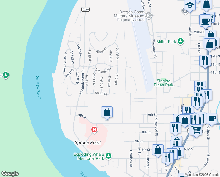 map of restaurants, bars, coffee shops, grocery stores, and more near 1600 Rhododendron Drive in Florence